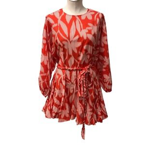 Rhode Fit And Flare Dress Womens Medium Orange Floral Long Sleeve Belted Organic